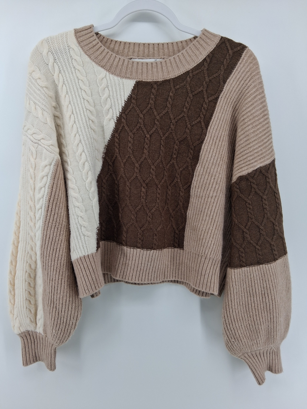 Altar'd State Cream, Taupe & Brown Colorblock Cable Knit Crew